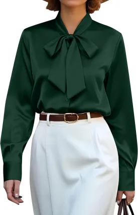 CBOO Women's Bow Tie Neck Button Down Shirts Silk Blouses Long Sleeve Elegant Satin Blouse Casual Dressy Business Tops