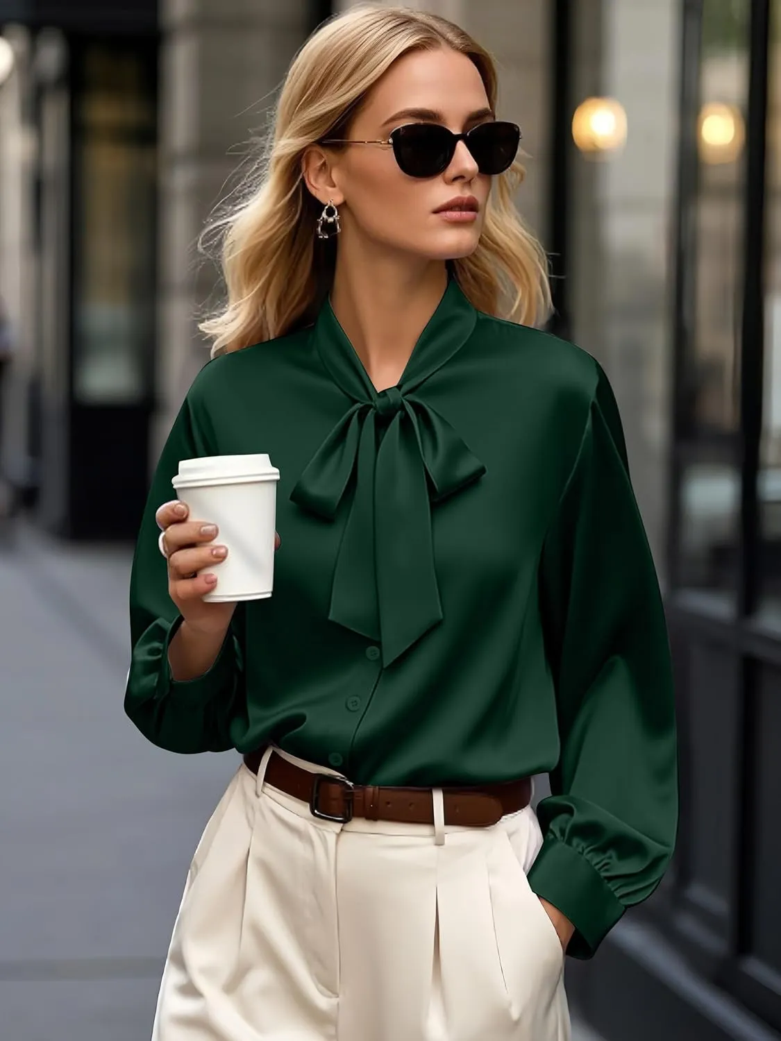 CBOO Women's Bow Tie Neck Button Down Shirts Silk Blouses Long Sleeve Elegant Satin Blouse Casual Dressy Business Tops
