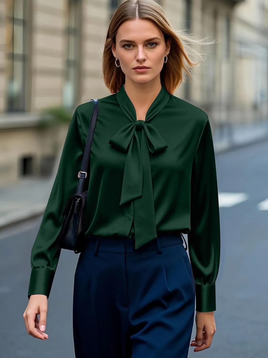 CBOO Women's Bow Tie Neck Button Down Shirts Silk Blouses Long Sleeve Elegant Satin Blouse Casual Dressy Business Tops