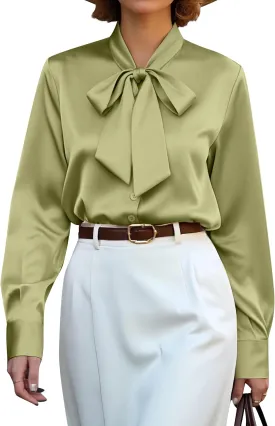 CBOO Women's Bow Tie Neck Button Down Shirts Silk Blouses Long Sleeve Elegant Satin Blouse Casual Dressy Business Tops