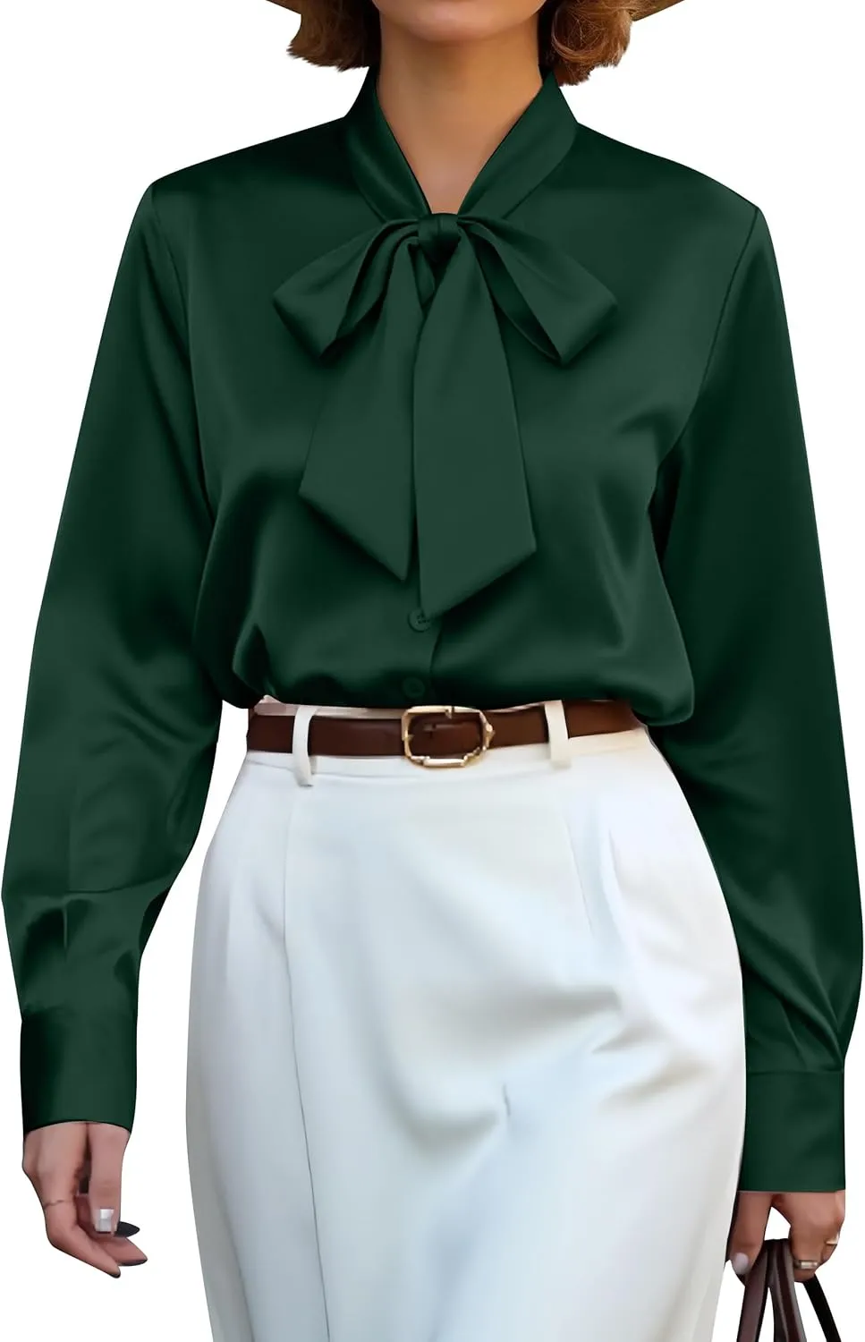 CBOO Women's Bow Tie Neck Button Down Shirts Silk Blouses Long Sleeve Elegant Satin Blouse Casual Dressy Business Tops