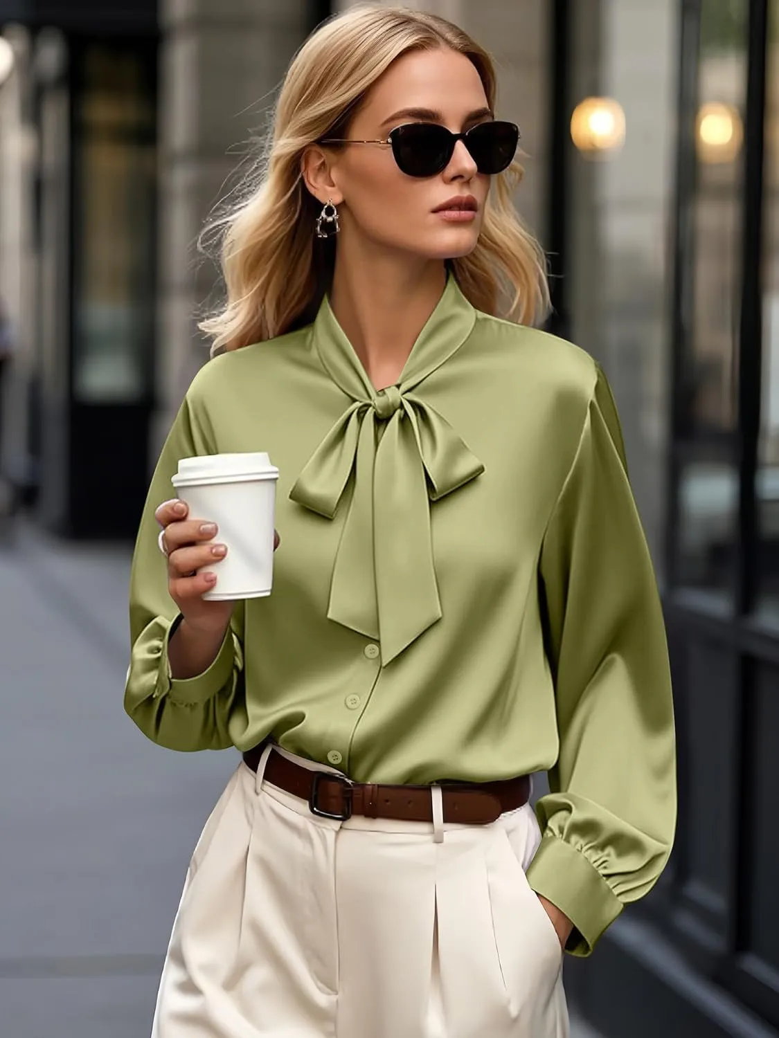 CBOO Women's Bow Tie Neck Button Down Shirts Silk Blouses Long Sleeve Elegant Satin Blouse Casual Dressy Business Tops