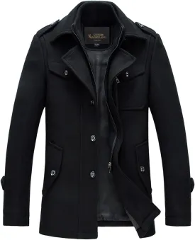 chouyatou Men's Stand Collar Wool-Blend Classic Pea Coat with Removable Inner Collar