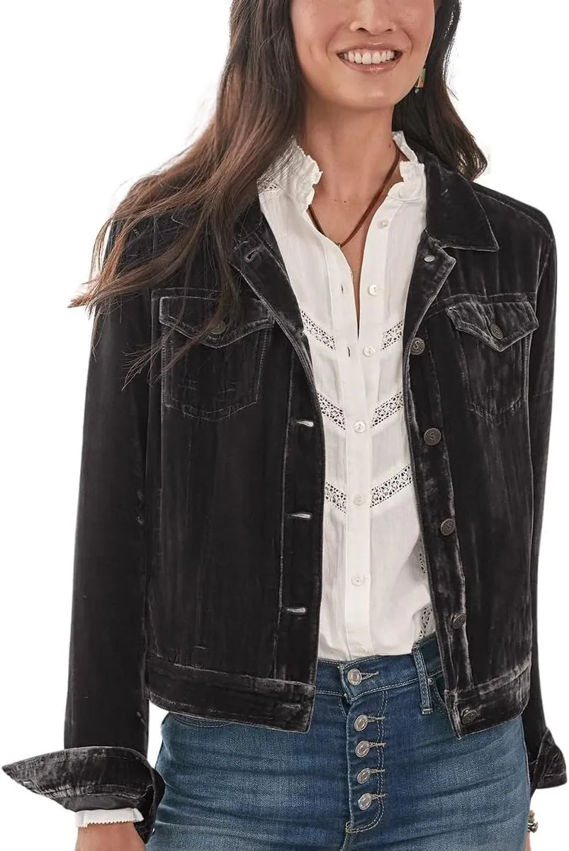 chouyatou Women's Velvet Trucker Jacket Button Down Cropped Cargo Office Shacket Tops