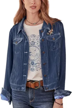 chouyatou Women's Velvet Trucker Jacket Button Down Cropped Cargo Office Shacket Tops