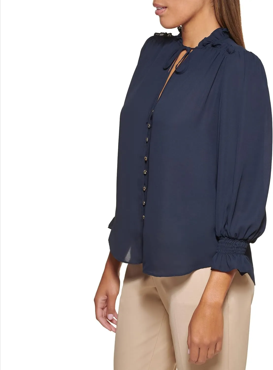 DKNY Women's Long Balloon Sleeve Blouse