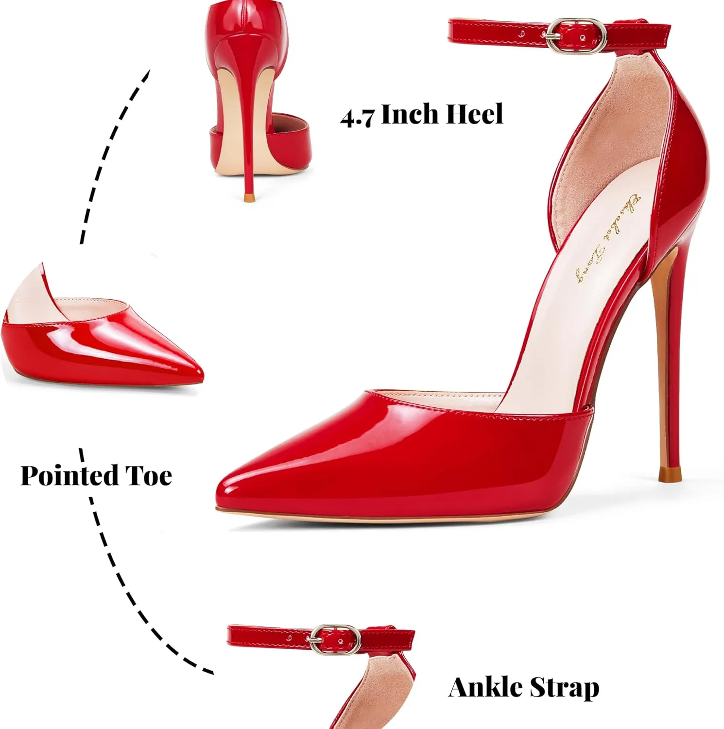 Elisabet Tang High Heels, Women Pumps D'Orsay Ankle Strap Pointed Toe Stiletto Heels Party Wedding Shoes