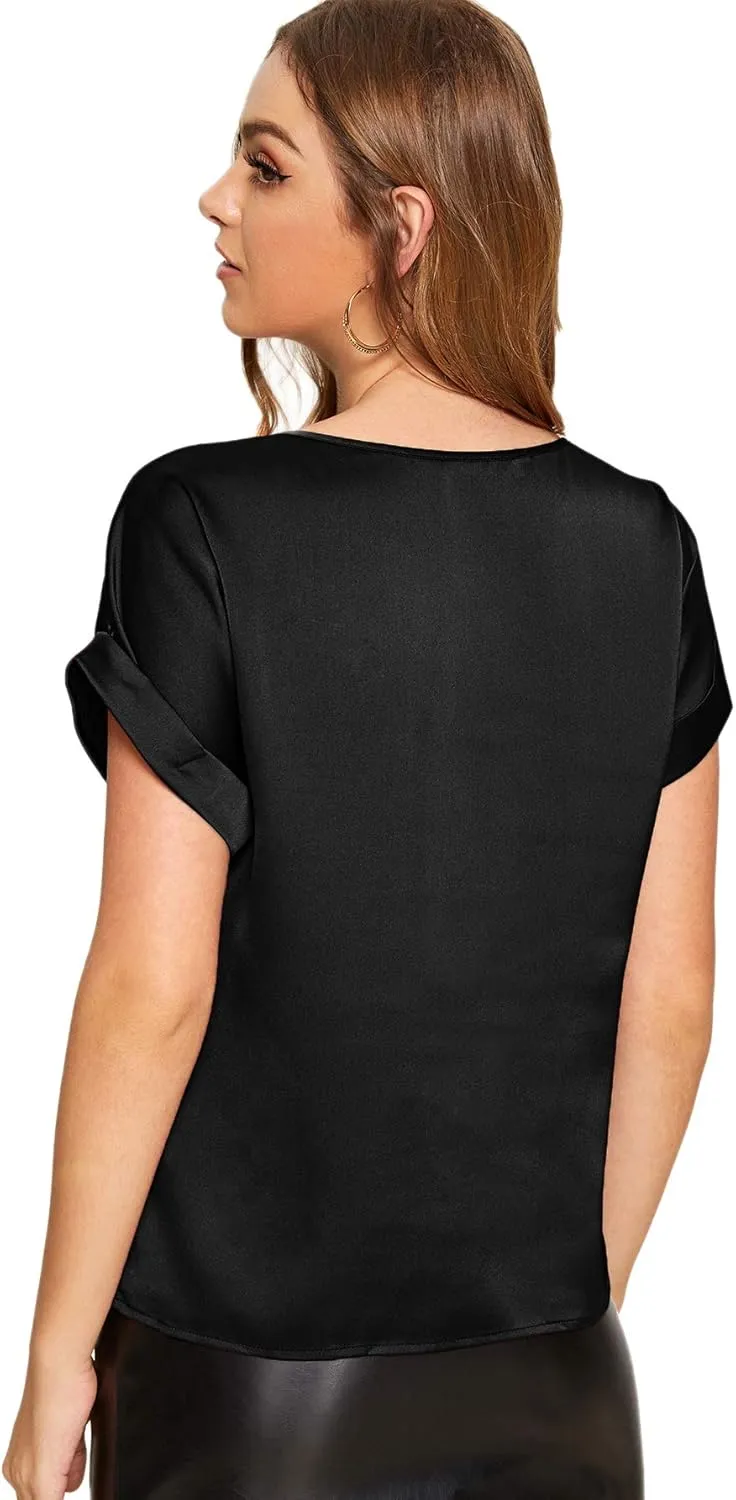 Floerns Women's Casual Solid Rolled Cap Short Sleeve Satin Silk Blouse Tops