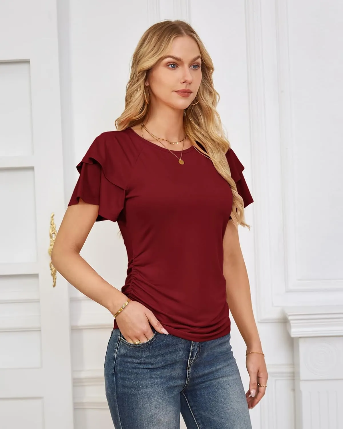 GRACE KARIN Women's Summer Tops Ruffle Sleeve Basic T Shirts Dressy Casual Ruched Work Blouses Trendy Clothes 2025