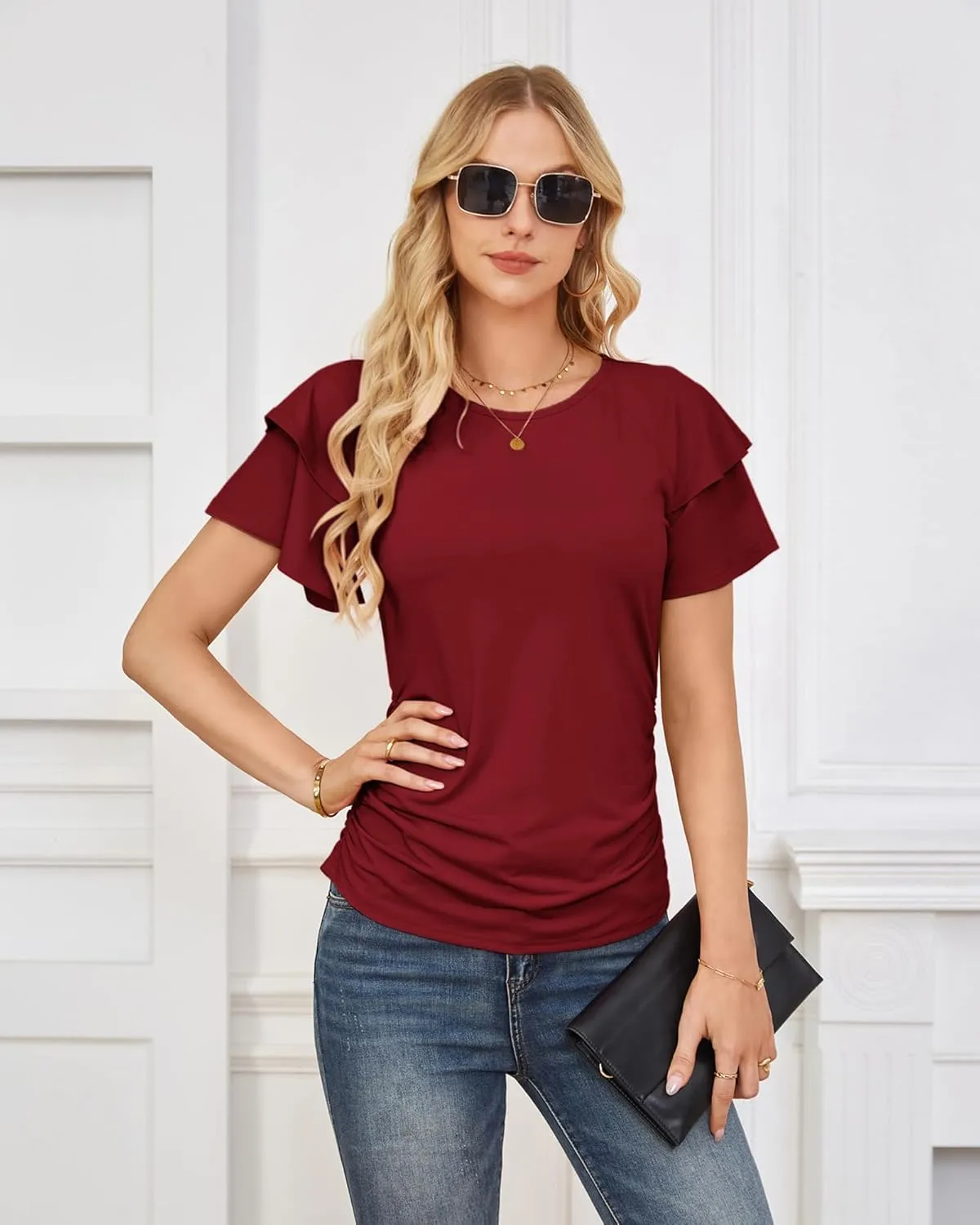 GRACE KARIN Women's Summer Tops Ruffle Sleeve Basic T Shirts Dressy Casual Ruched Work Blouses Trendy Clothes 2025