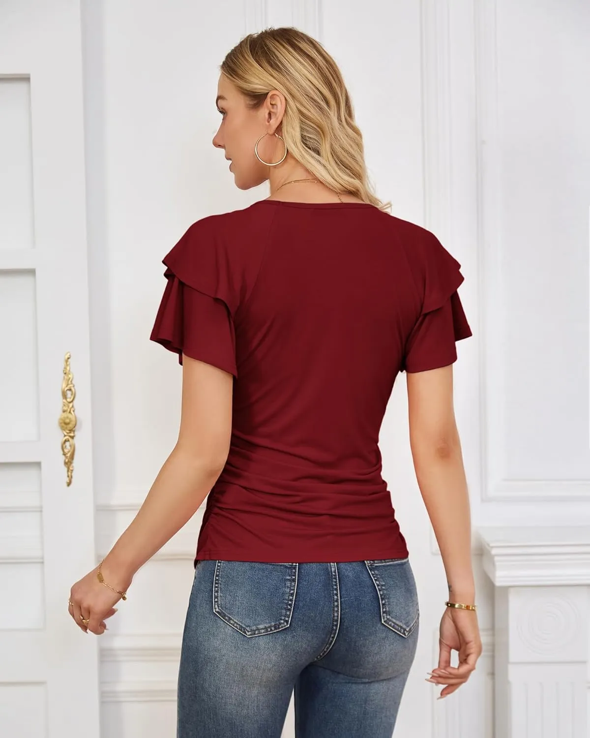 GRACE KARIN Women's Summer Tops Ruffle Sleeve Basic T Shirts Dressy Casual Ruched Work Blouses Trendy Clothes 2025