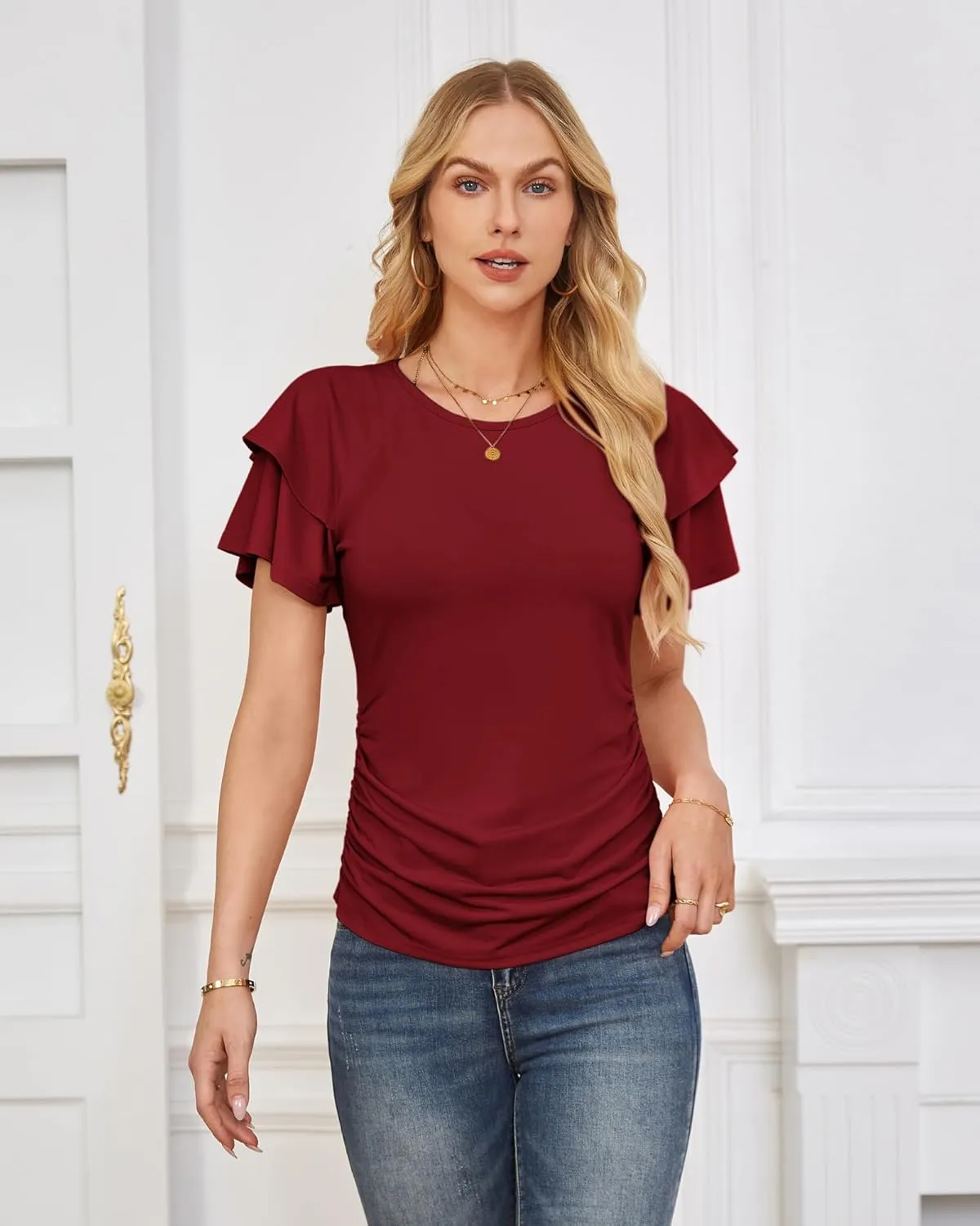 GRACE KARIN Women's Summer Tops Ruffle Sleeve Basic T Shirts Dressy Casual Ruched Work Blouses Trendy Clothes 2025