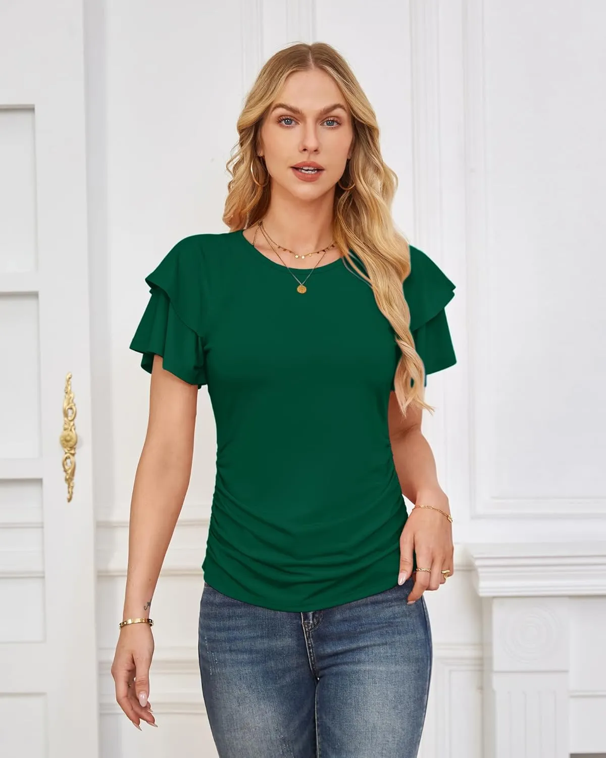 GRACE KARIN Women's Summer Tops Ruffle Sleeve Basic T Shirts Dressy Casual Ruched Work Blouses Trendy Clothes 2025
