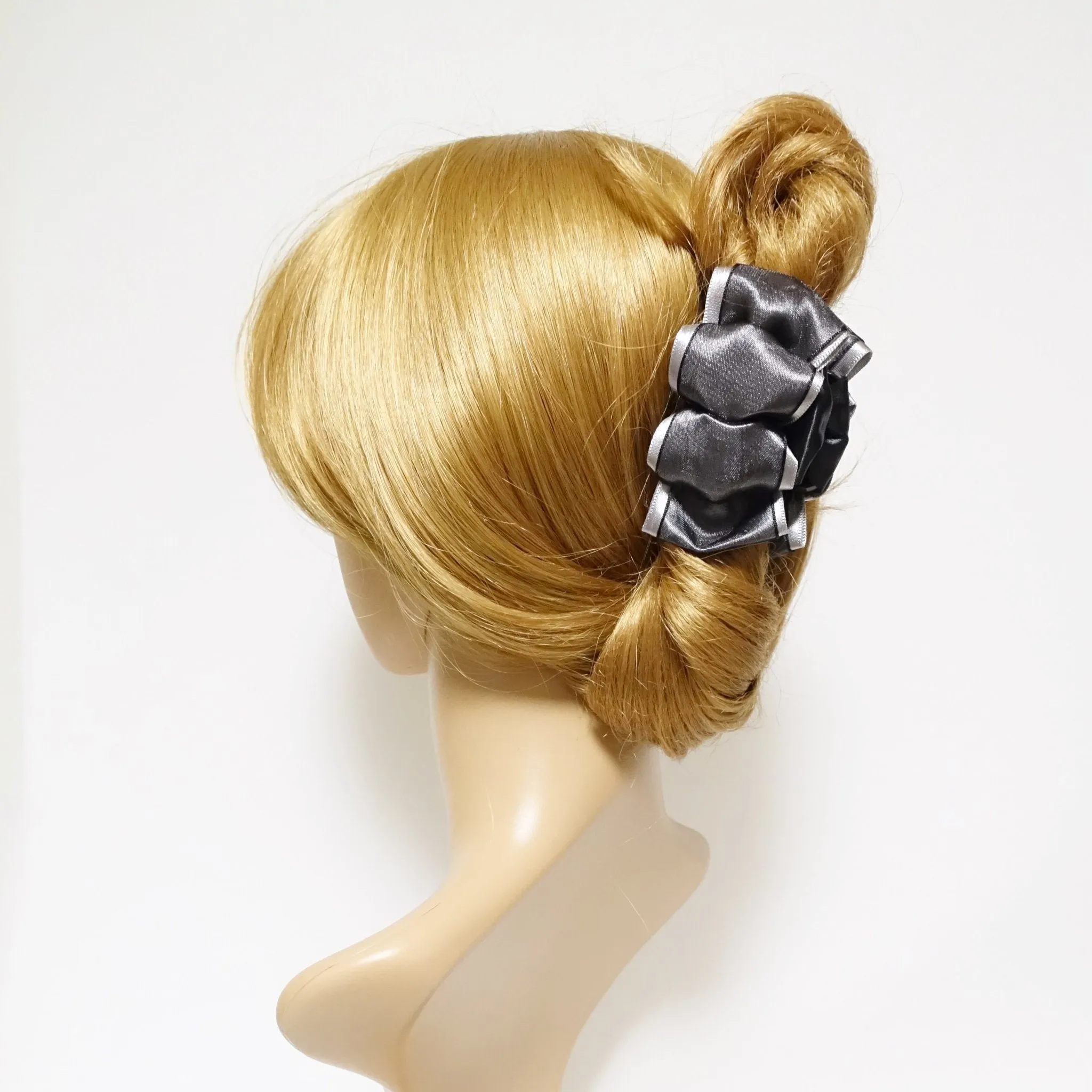 Handmade Glossy Satin Flat Twin Bow Hair Jaw Claw Clip for fine hair