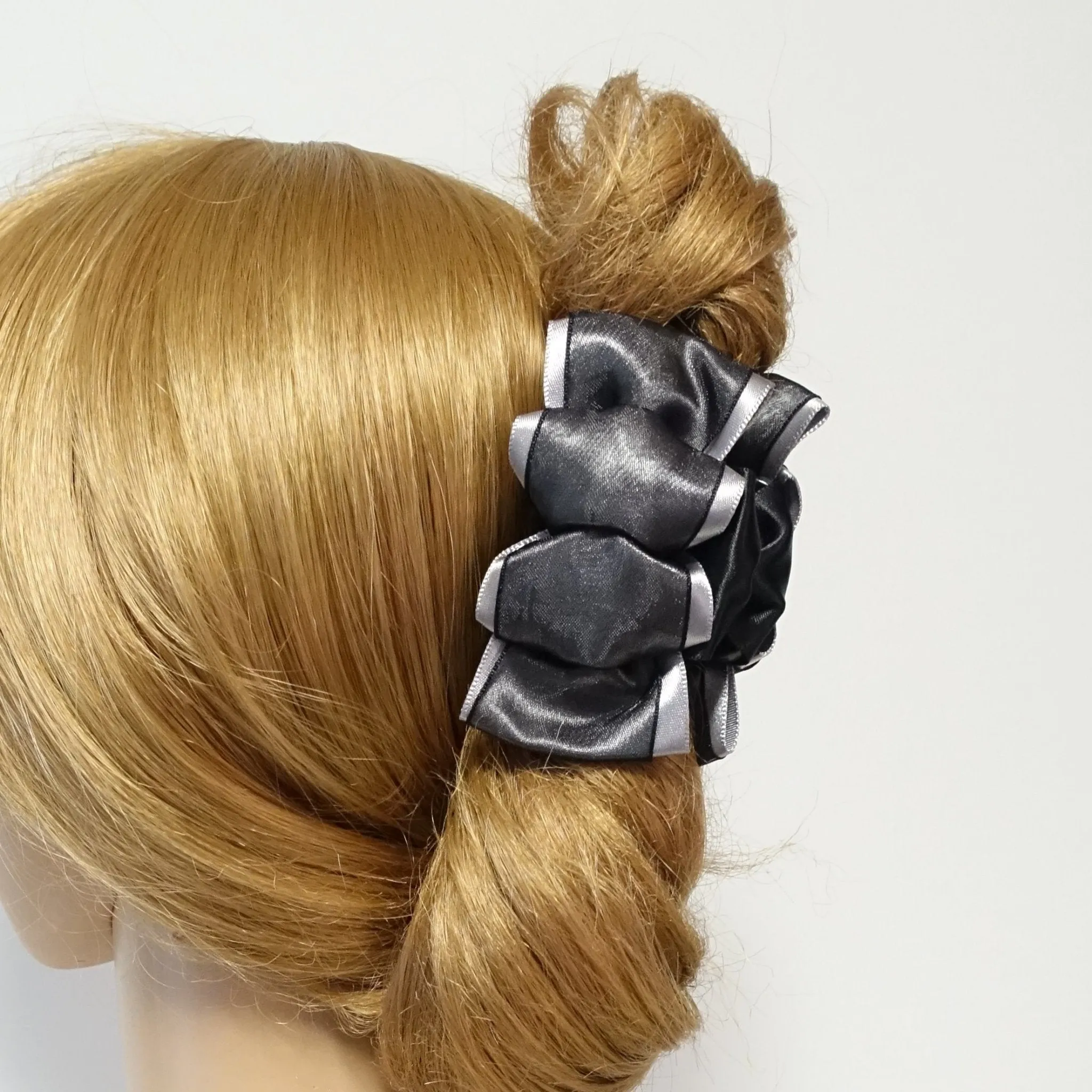 Handmade Glossy Satin Flat Twin Bow Hair Jaw Claw Clip for fine hair