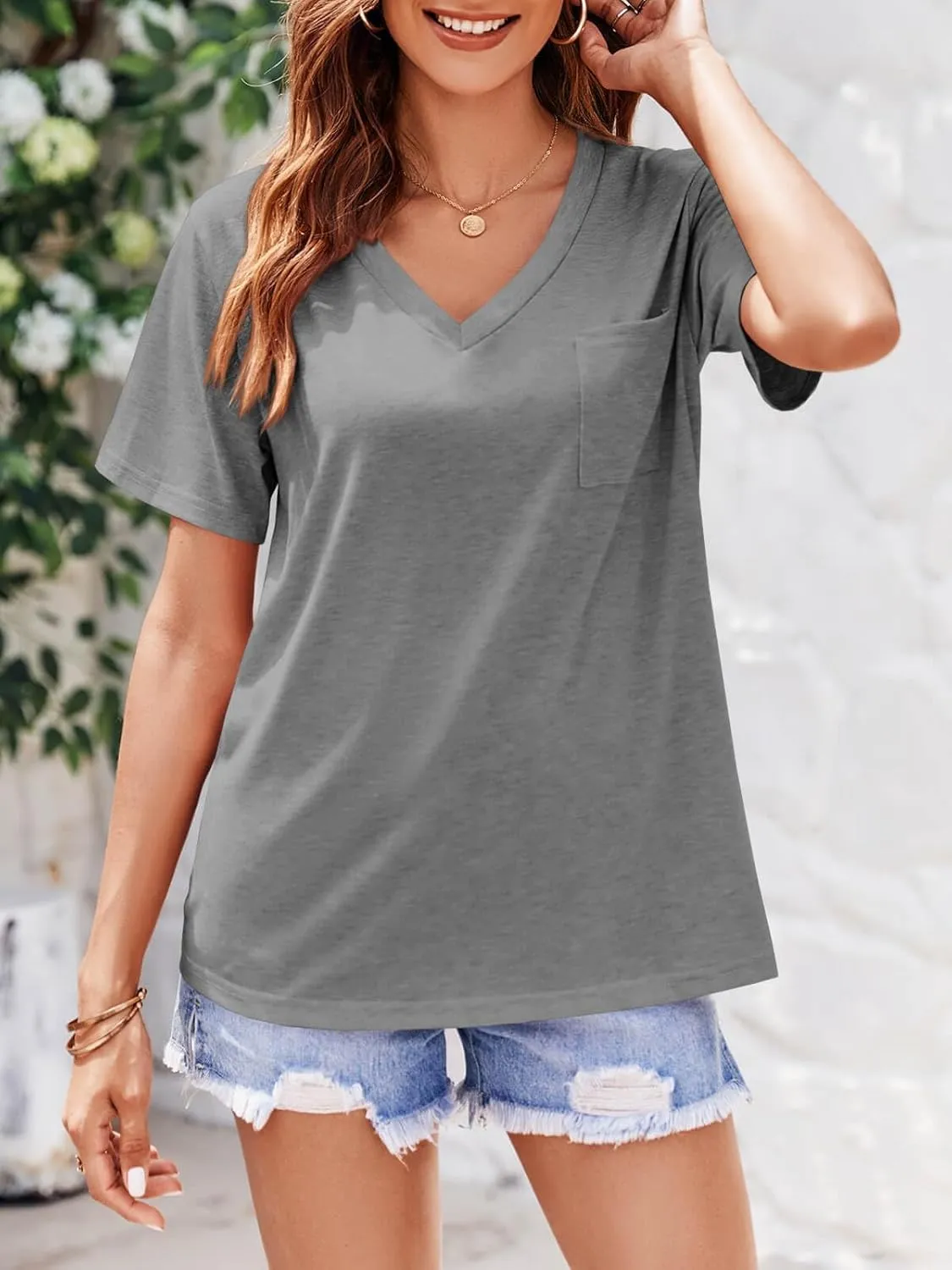 imesrun Womens V Neck Tshirts Short Sleeve Loose Casual Summer Tops with Pocket