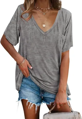 imesrun Womens V Neck Tshirts Short Sleeve Loose Casual Summer Tops with Pocket