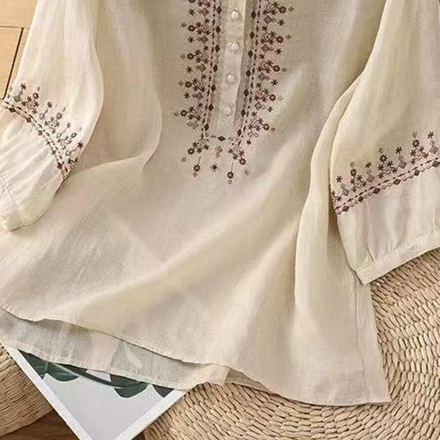 Linen Shirt for Women 3/4 Sleeve Linen Blouses Loose Fit Embroidery Cotton Tops