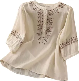 Linen Shirt for Women 3/4 Sleeve Linen Blouses Loose Fit Embroidery Cotton Tops