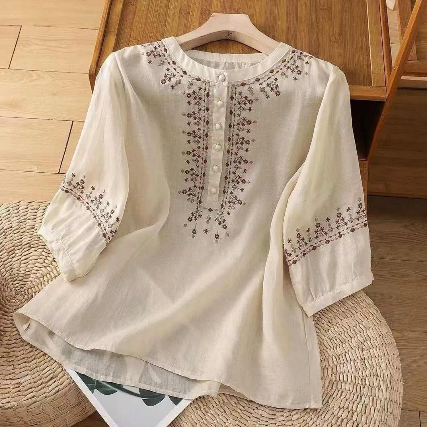 Linen Shirt for Women 3/4 Sleeve Linen Blouses Loose Fit Embroidery Cotton Tops