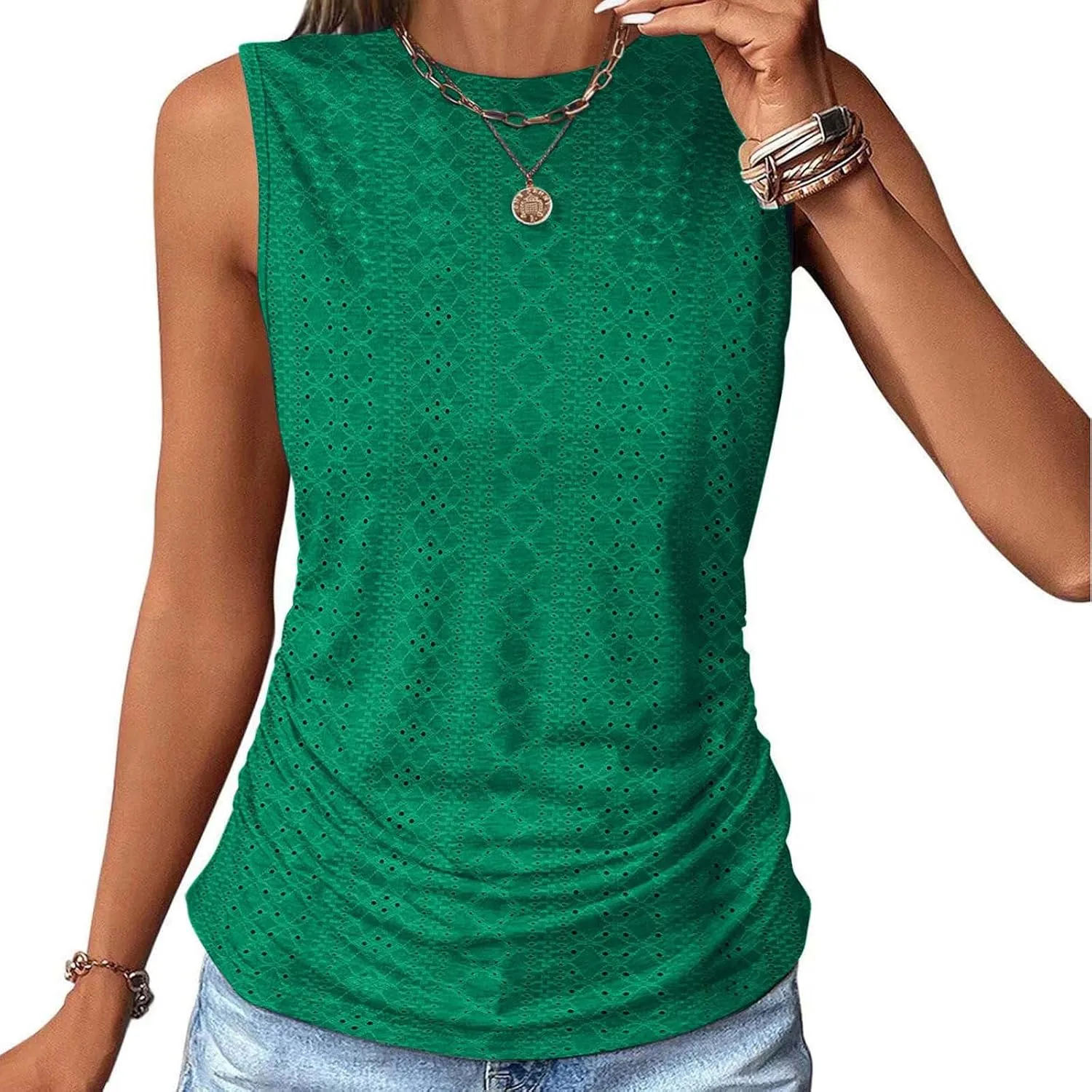 LRMQS Womens Tank Tops Loose Fit Summer 2024 Dressy Casual Eyelet Embroidery Trendy Sleeveless Shirts Beach Vacation Clothing