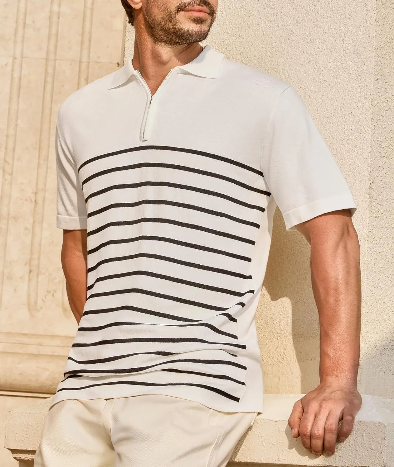Men's Knit Polo Shirts Short Sleeve Striped Lightweight Classic Fit Zipper Casual Golf Collared T Shirt