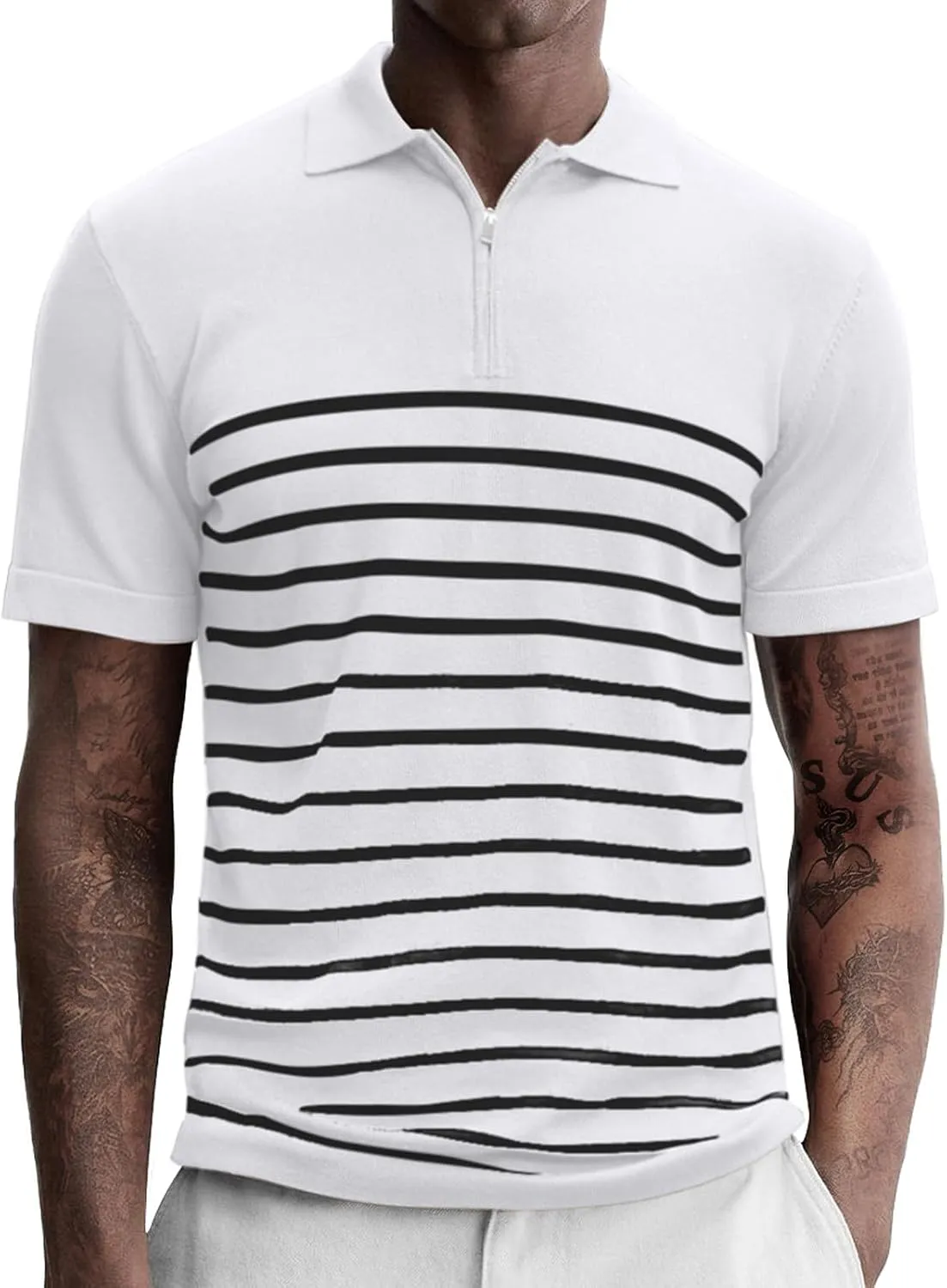 Men's Knit Polo Shirts Short Sleeve Striped Lightweight Classic Fit Zipper Casual Golf Collared T Shirt