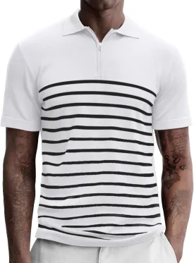 Men's Knit Polo Shirts Short Sleeve Striped Lightweight Classic Fit Zipper Casual Golf Collared T Shirt
