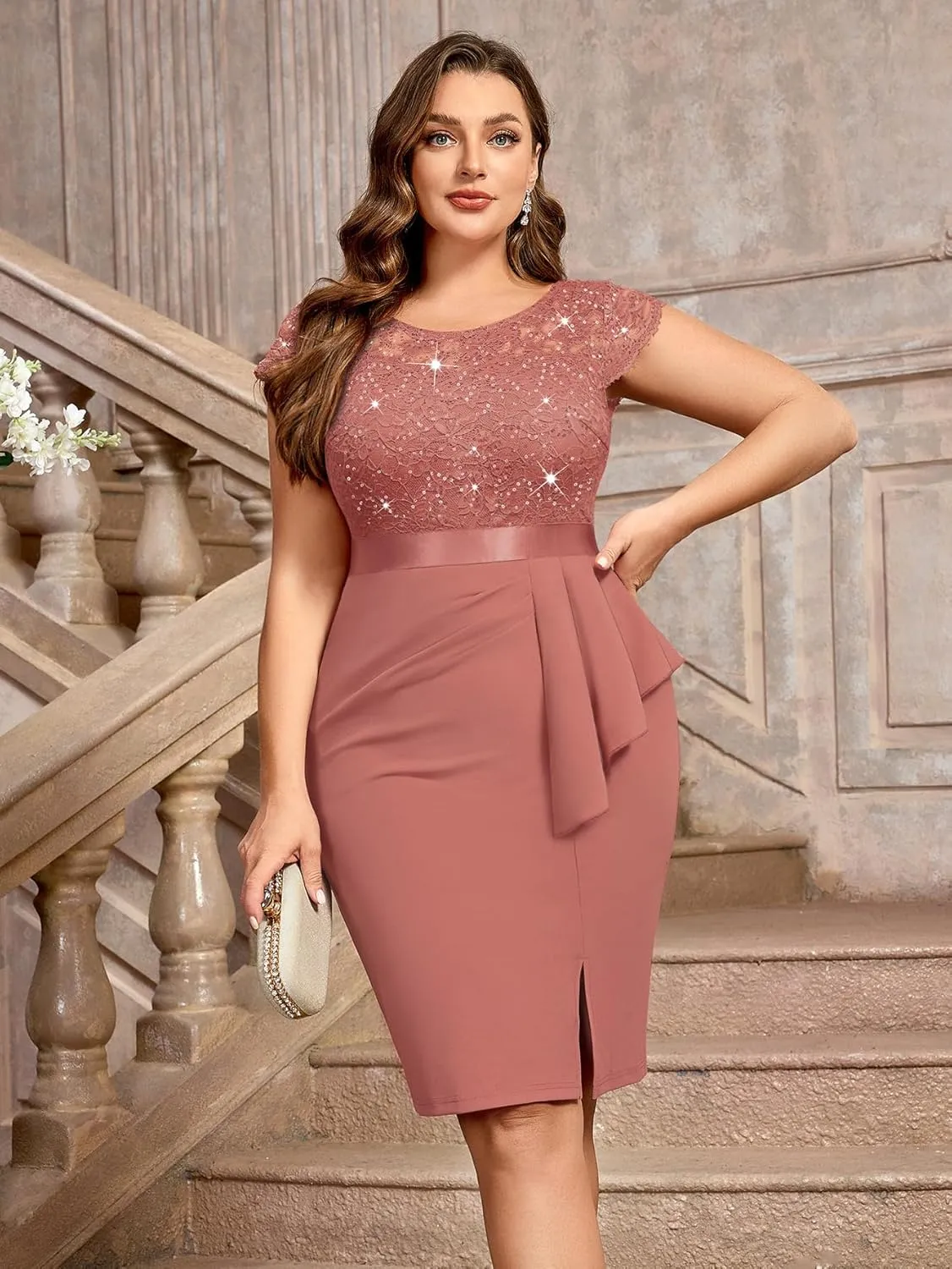 MISSMAY Women's Plus Size Sequin Floral Lace Ruffle Split Elegant Cocktail Party Dress