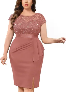 MISSMAY Women's Plus Size Sequin Floral Lace Ruffle Split Elegant Cocktail Party Dress