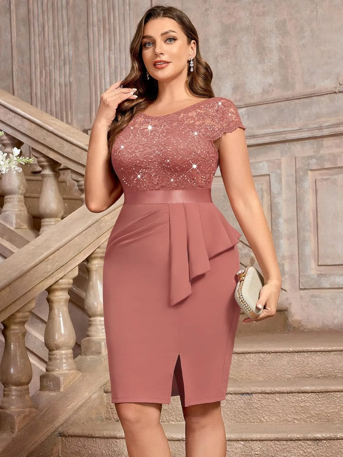 MISSMAY Women's Plus Size Sequin Floral Lace Ruffle Split Elegant Cocktail Party Dress