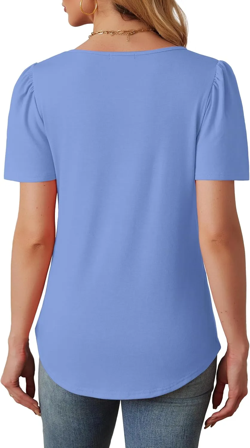 OFEEFAN Womens T Shirts Short Sleeve Tops Dressy Casual Blouses Spring Summer Outfits Flowy Pleated Front Scooped Neck