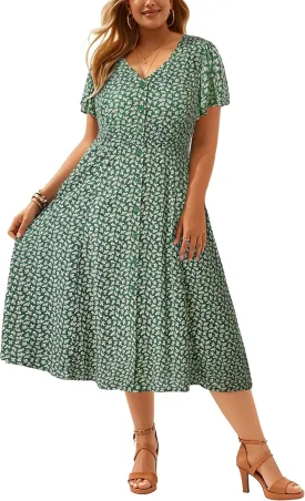 Plus Size Summer Dresses - Casual Work Boho Button Front Floral Midi Dress with Pockets