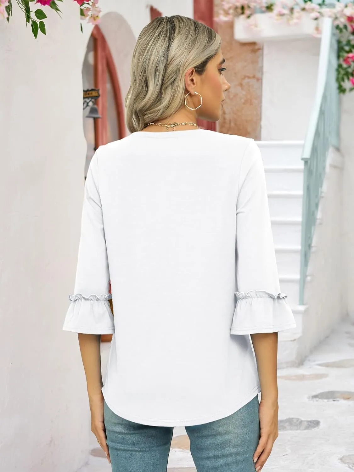 Poetsky Womens Boat Neck 3/4 Sleeve Tops Loose Fit Shirts Casual Solid Basic Tee Shirt Blouses