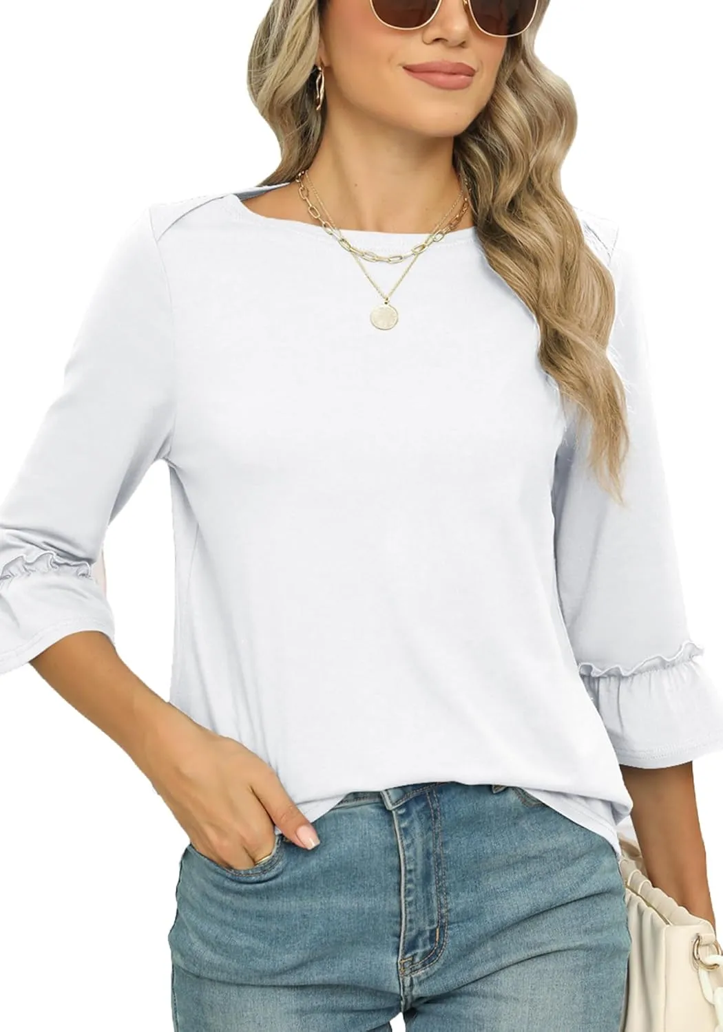 Poetsky Womens Boat Neck 3/4 Sleeve Tops Loose Fit Shirts Casual Solid Basic Tee Shirt Blouses