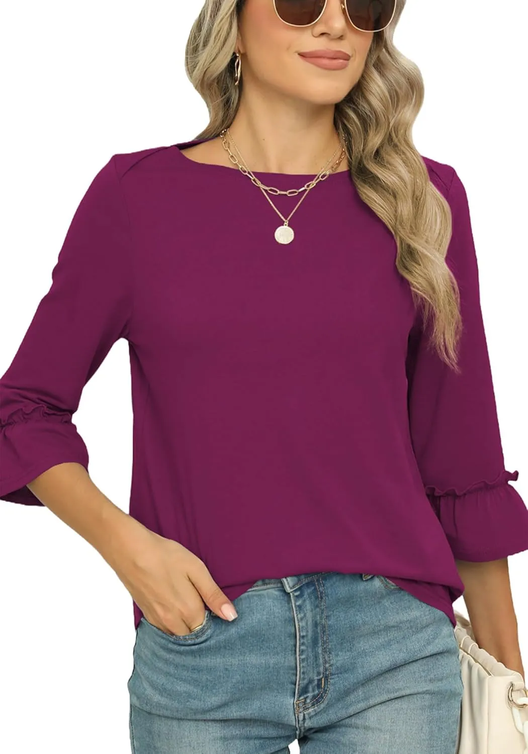 Poetsky Womens Boat Neck 3/4 Sleeve Tops Loose Fit Shirts Casual Solid Basic Tee Shirt Blouses
