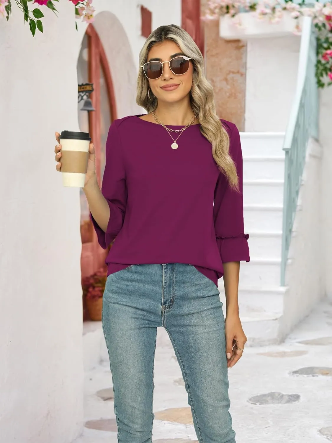 Poetsky Womens Boat Neck 3/4 Sleeve Tops Loose Fit Shirts Casual Solid Basic Tee Shirt Blouses