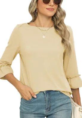 Poetsky Womens Boat Neck 3/4 Sleeve Tops Loose Fit Shirts Casual Solid Basic Tee Shirt Blouses