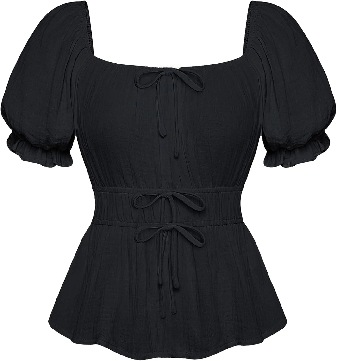 Scarlet Darkness Women Tie Front Tops Renaissance Puff Sleeve Blouse Peasant Peplum Shirts