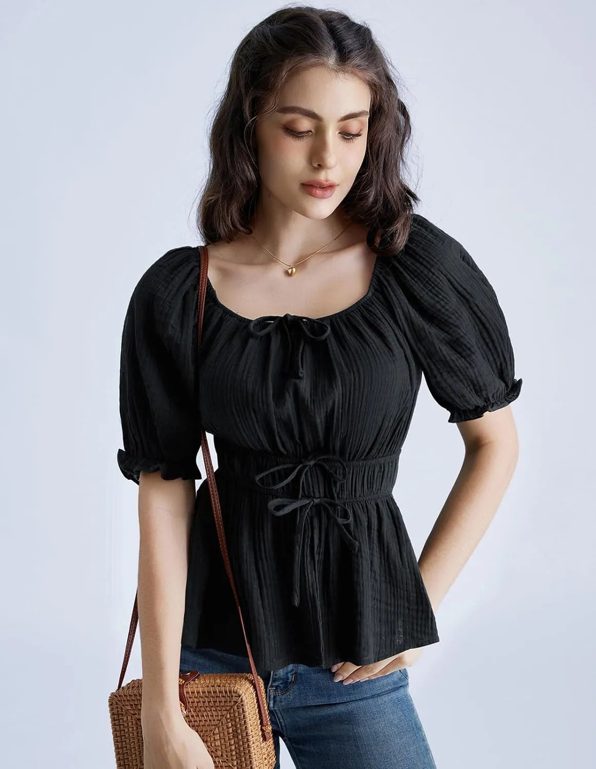 Scarlet Darkness Women Tie Front Tops Renaissance Puff Sleeve Blouse Peasant Peplum Shirts