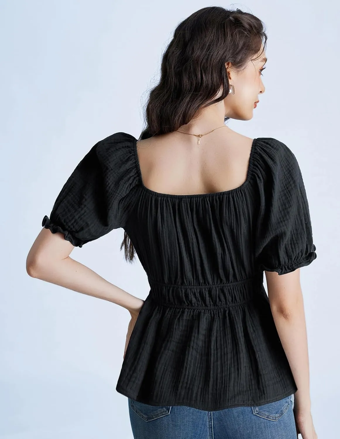 Scarlet Darkness Women Tie Front Tops Renaissance Puff Sleeve Blouse Peasant Peplum Shirts