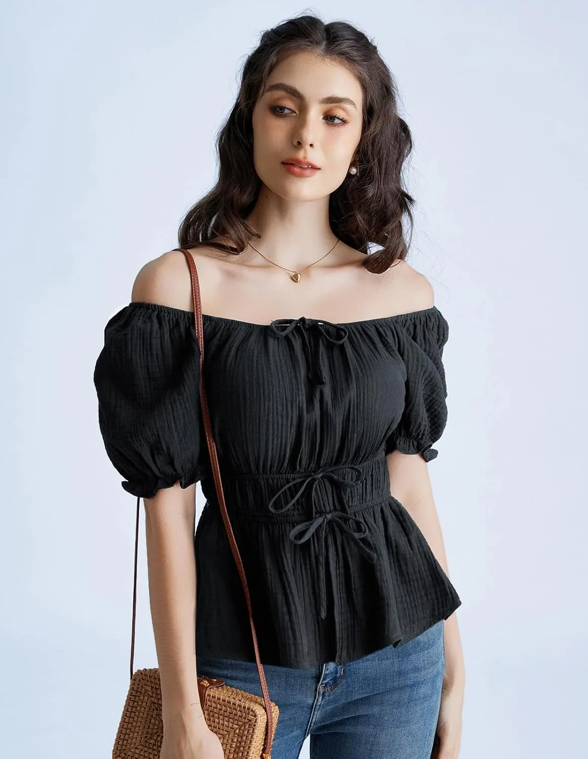Scarlet Darkness Women Tie Front Tops Renaissance Puff Sleeve Blouse Peasant Peplum Shirts