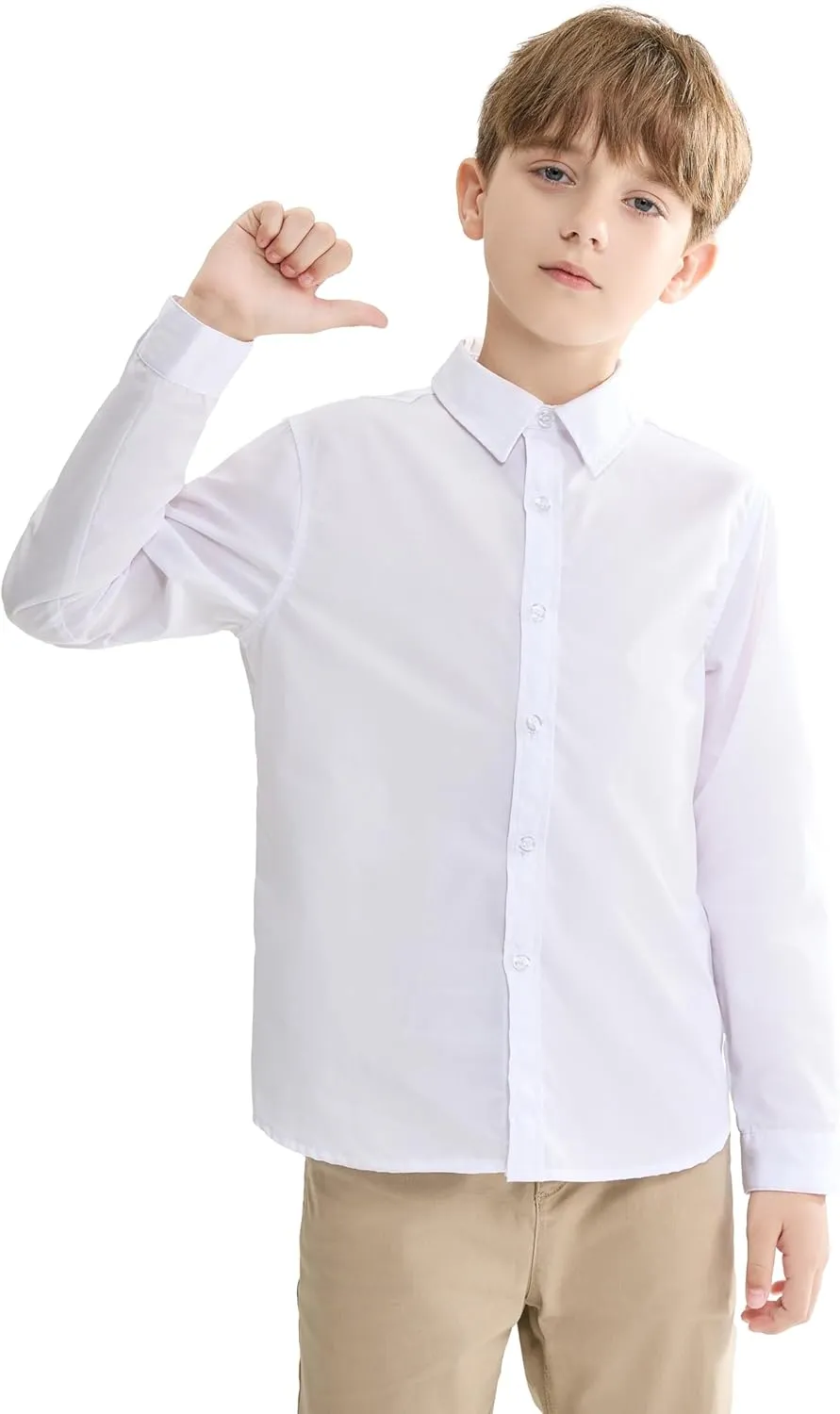 SOLOCOTE Boys White Button Down Dress Shirt Classic Long Sleeve Formal Collared School Uniform Tops for Kids