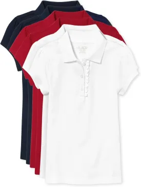 The Children's Place Girls Short Sleeve Ruffle Pique Polo,Ruby/Tidal/White- 6 Pack,S (5/6)