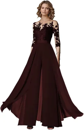 Two Piece Mother of The Bride Wedding Pant Suits with 3/4 Long Sleeves Elegant Formal Jumpsuits Set for Women