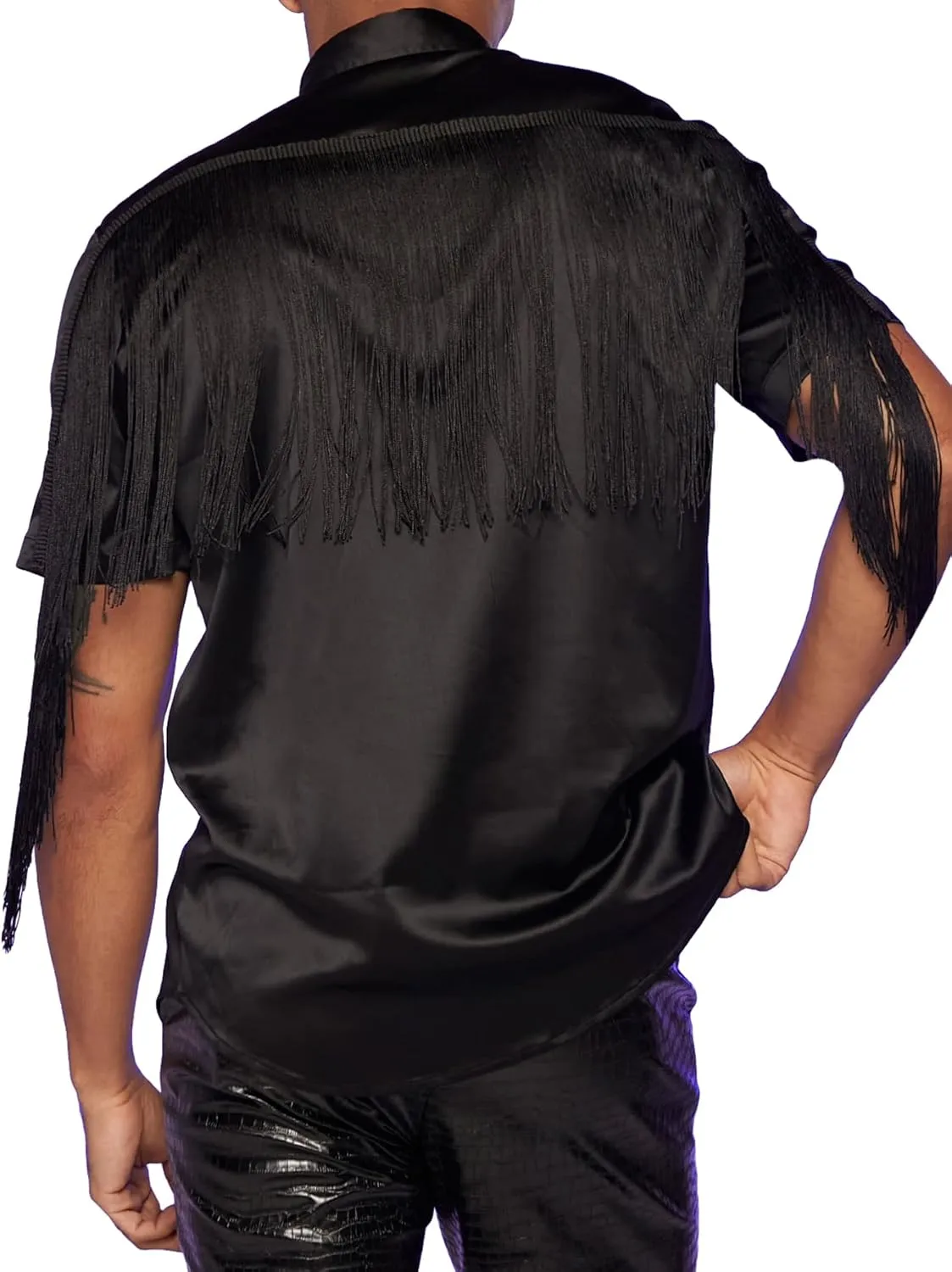 WDIRARA Men's Button Front Short Sleeve Fringe Trim Party Shirt Collar Club Tops