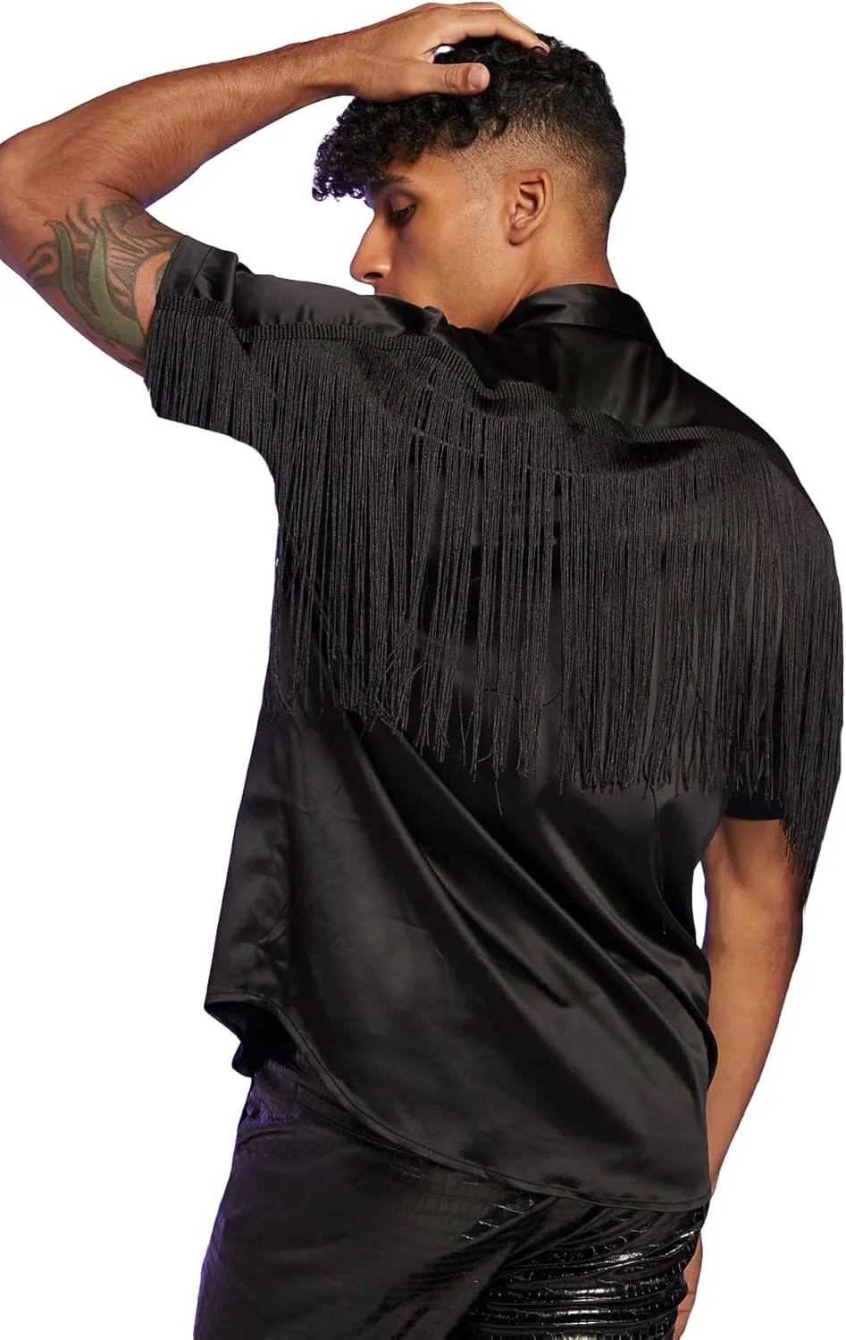 WDIRARA Men's Button Front Short Sleeve Fringe Trim Party Shirt Collar Club Tops