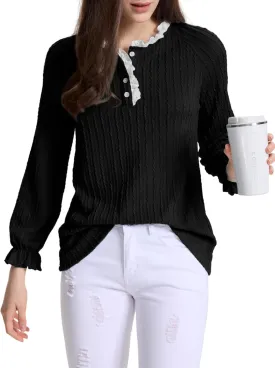 Women Lace Neck Tops Henley Shirts Button Down Tunic Long Sleeve Ruffle Cuffs Blouses Dressy Casual Fall Outfits