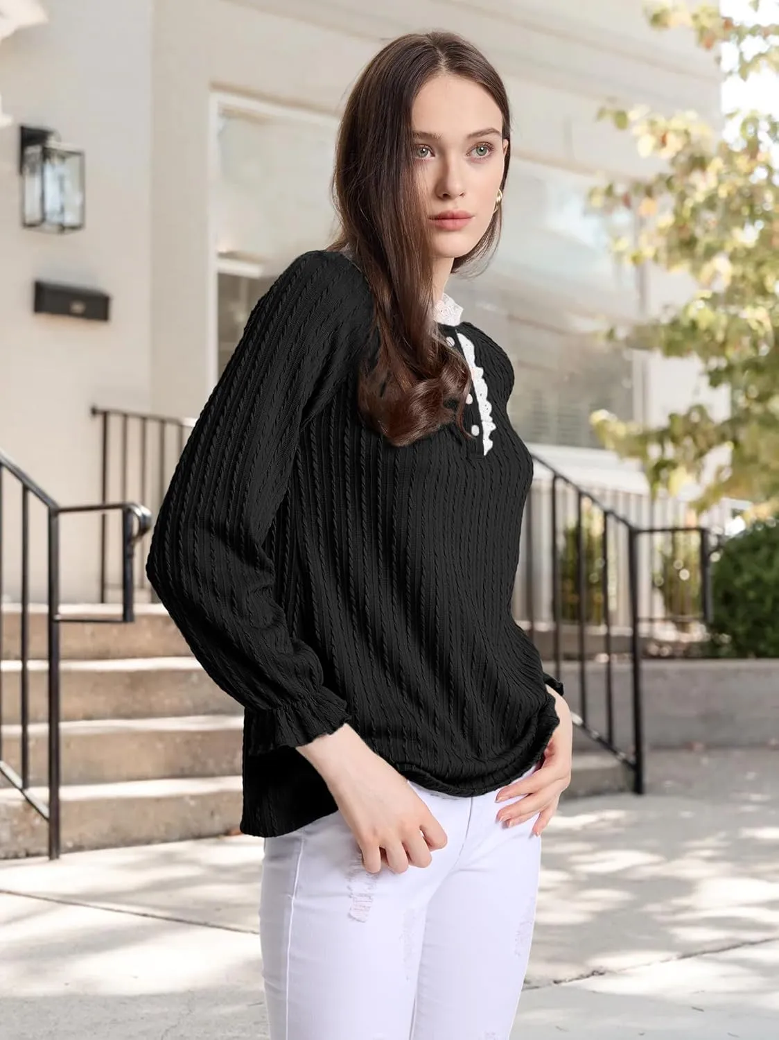 Women Lace Neck Tops Henley Shirts Button Down Tunic Long Sleeve Ruffle Cuffs Blouses Dressy Casual Fall Outfits
