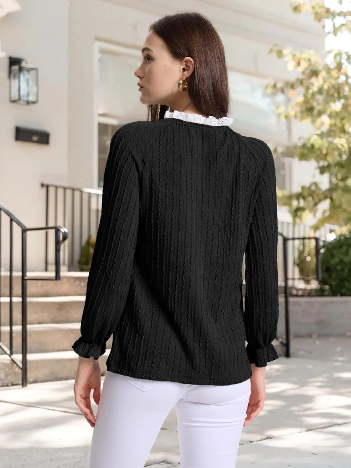 Women Lace Neck Tops Henley Shirts Button Down Tunic Long Sleeve Ruffle Cuffs Blouses Dressy Casual Fall Outfits
